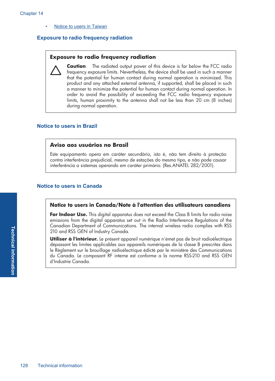 Exposure to radio frequency radiation, Notice to users in brazil, Notice to users in canada | HP PHOTOSMART PLUS B209 User Manual | Page 131 / 135