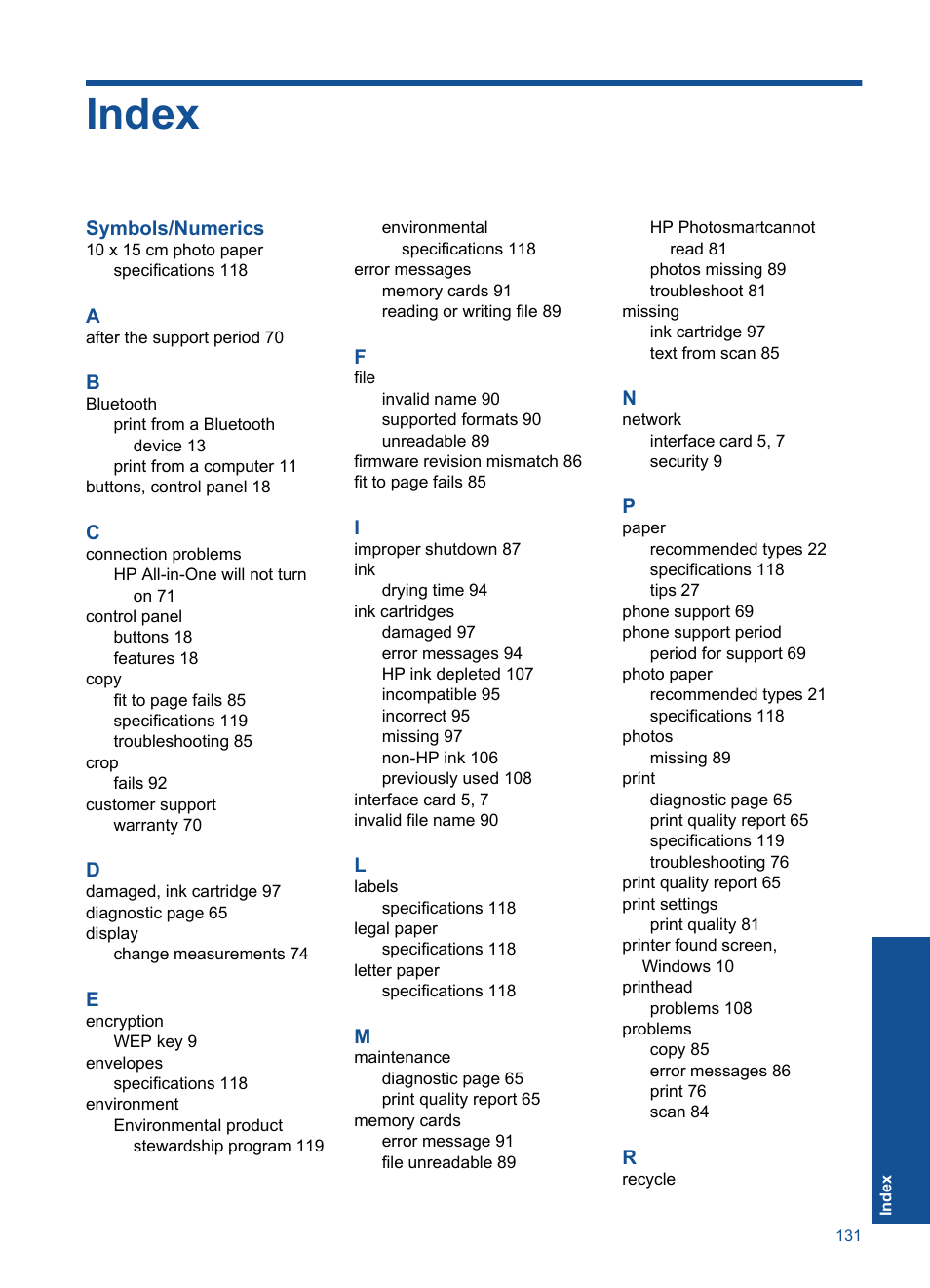 Index | HP PHOTOSMART PLUS B209 User Manual | Page 134 / 135