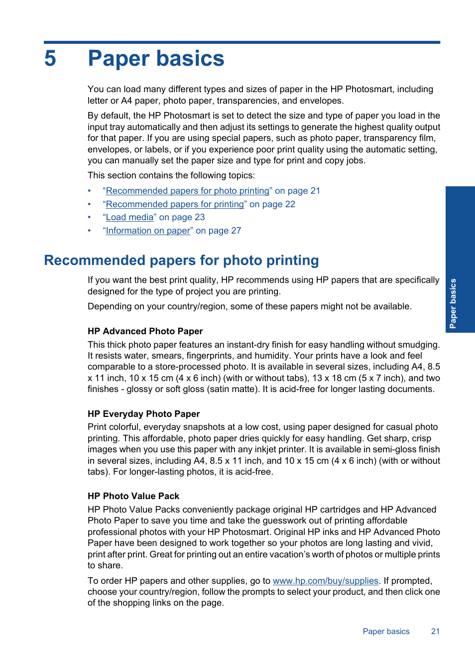 5paper basics, Recommended papers for photo printing | HP PHOTOSMART PLUS B209 User Manual | Page 24 / 135