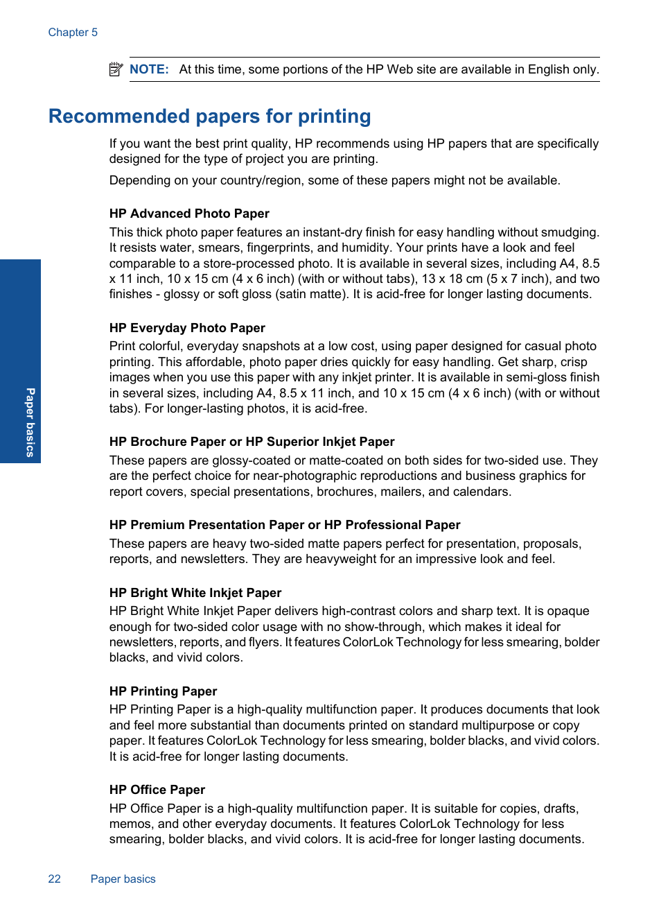 Recommended papers for printing | HP PHOTOSMART PLUS B209 User Manual | Page 25 / 135