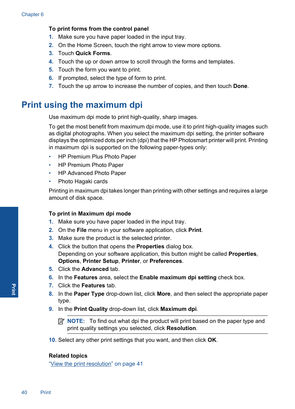 Print using the maximum dpi | HP PHOTOSMART PLUS B209 User Manual | Page 43 / 135