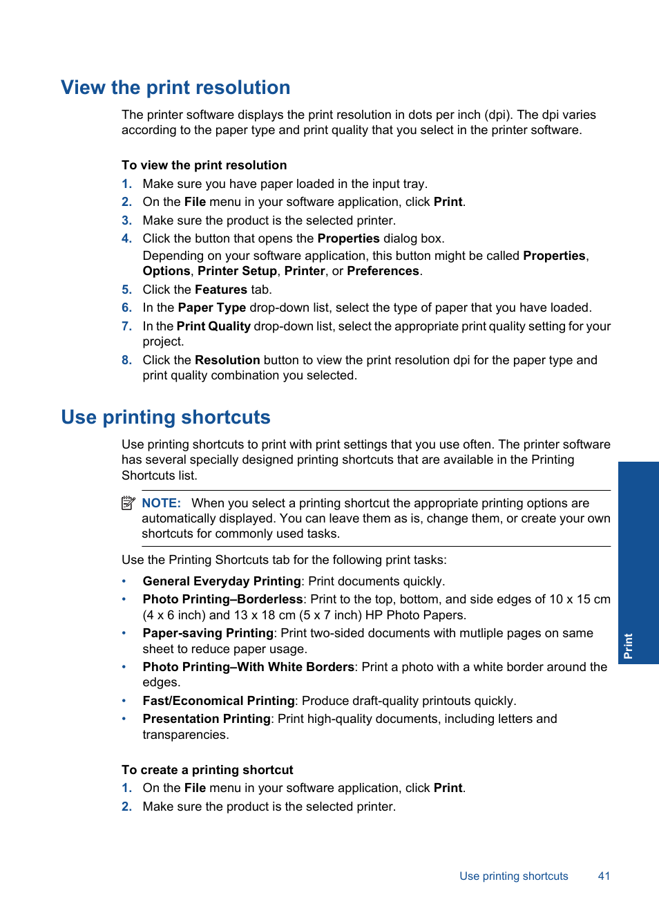 View the print resolution, Use printing shortcuts | HP PHOTOSMART PLUS B209 User Manual | Page 44 / 135