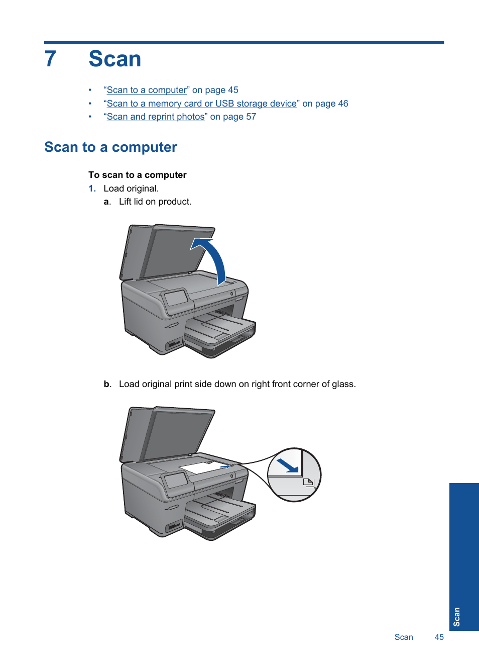 Scan, Scan to a computer, 7 scan | 7scan | HP PHOTOSMART PLUS B209 User Manual | Page 48 / 135
