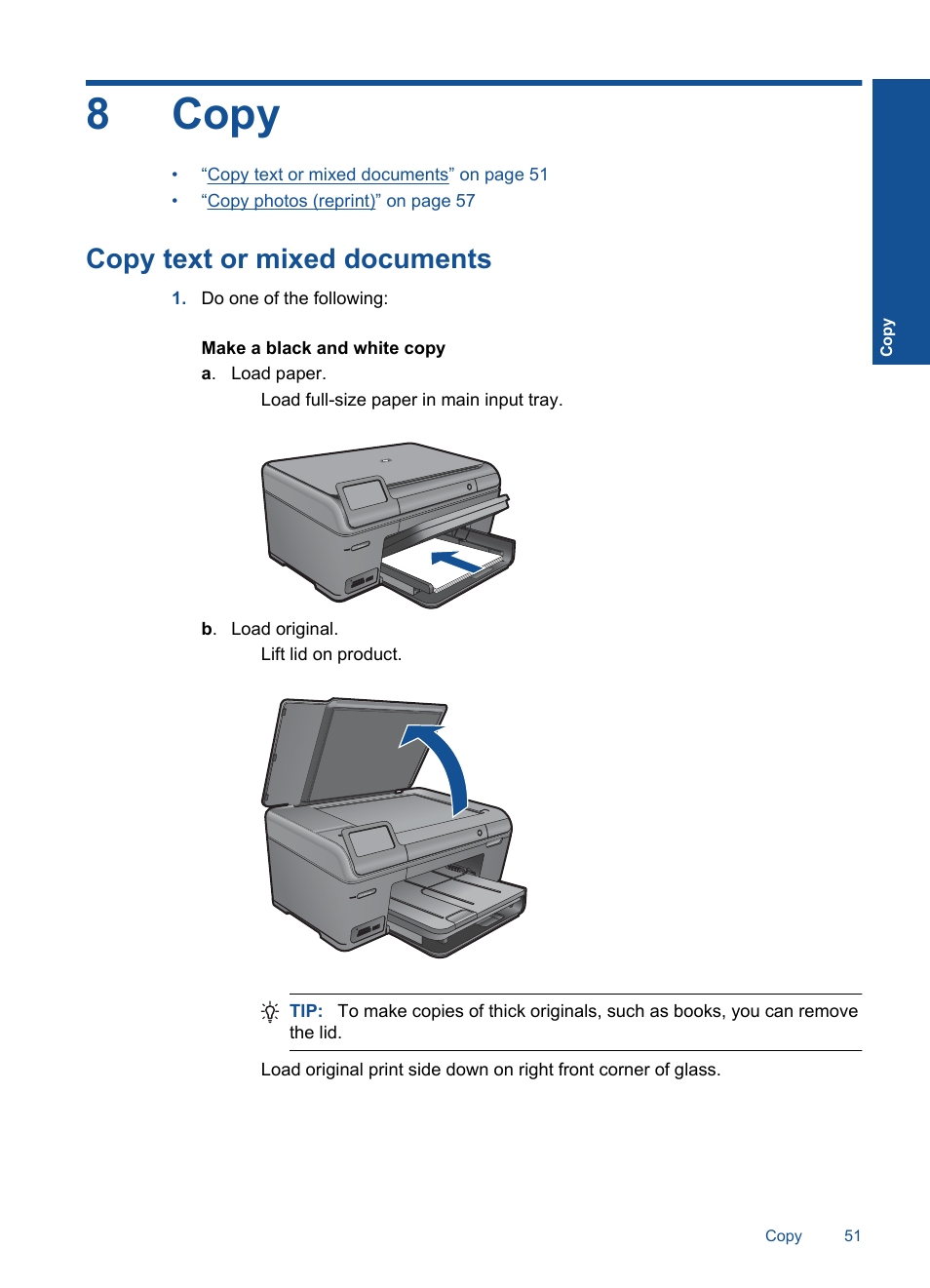 Copy, Copy text or mixed documents, 8 copy | 8copy | HP PHOTOSMART PLUS B209 User Manual | Page 54 / 135