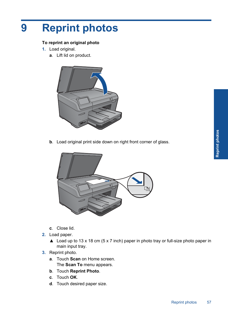 Reprint photos, 9 reprint photos, 9reprint photos | HP PHOTOSMART PLUS B209 User Manual | Page 60 / 135