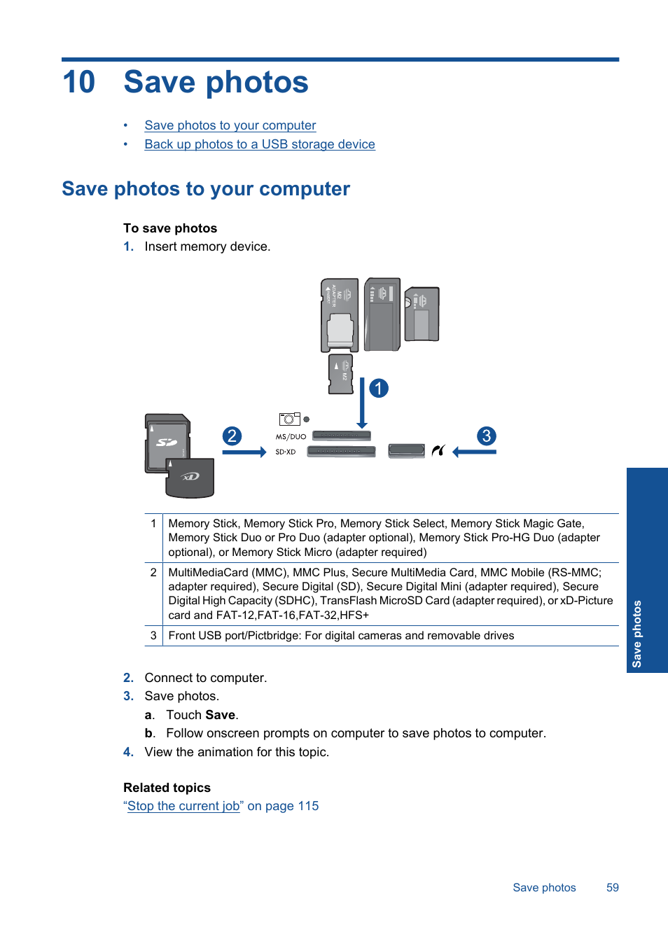 Save photos, Save photos to your computer, 10 save photos | HP PHOTOSMART PLUS B209 User Manual | Page 62 / 135