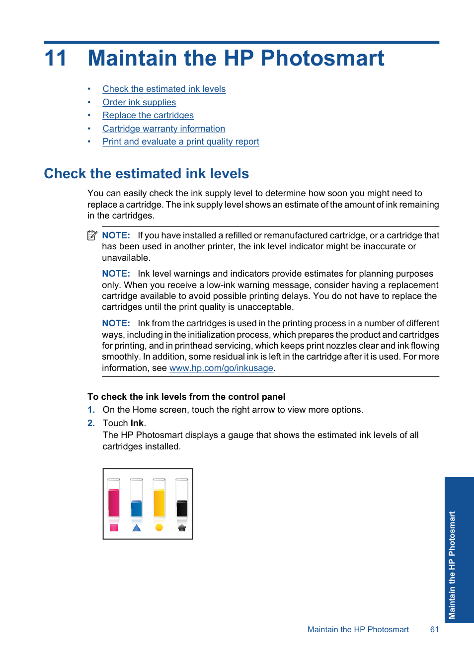 Maintain the hp photosmart, Check the estimated ink levels, 11 maintain the hp photosmart | HP PHOTOSMART PLUS B209 User Manual | Page 64 / 135