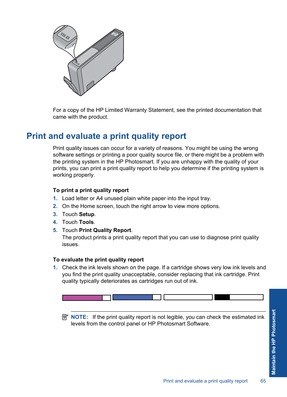 Print and evaluate a print quality report | HP PHOTOSMART PLUS B209 User Manual | Page 68 / 135
