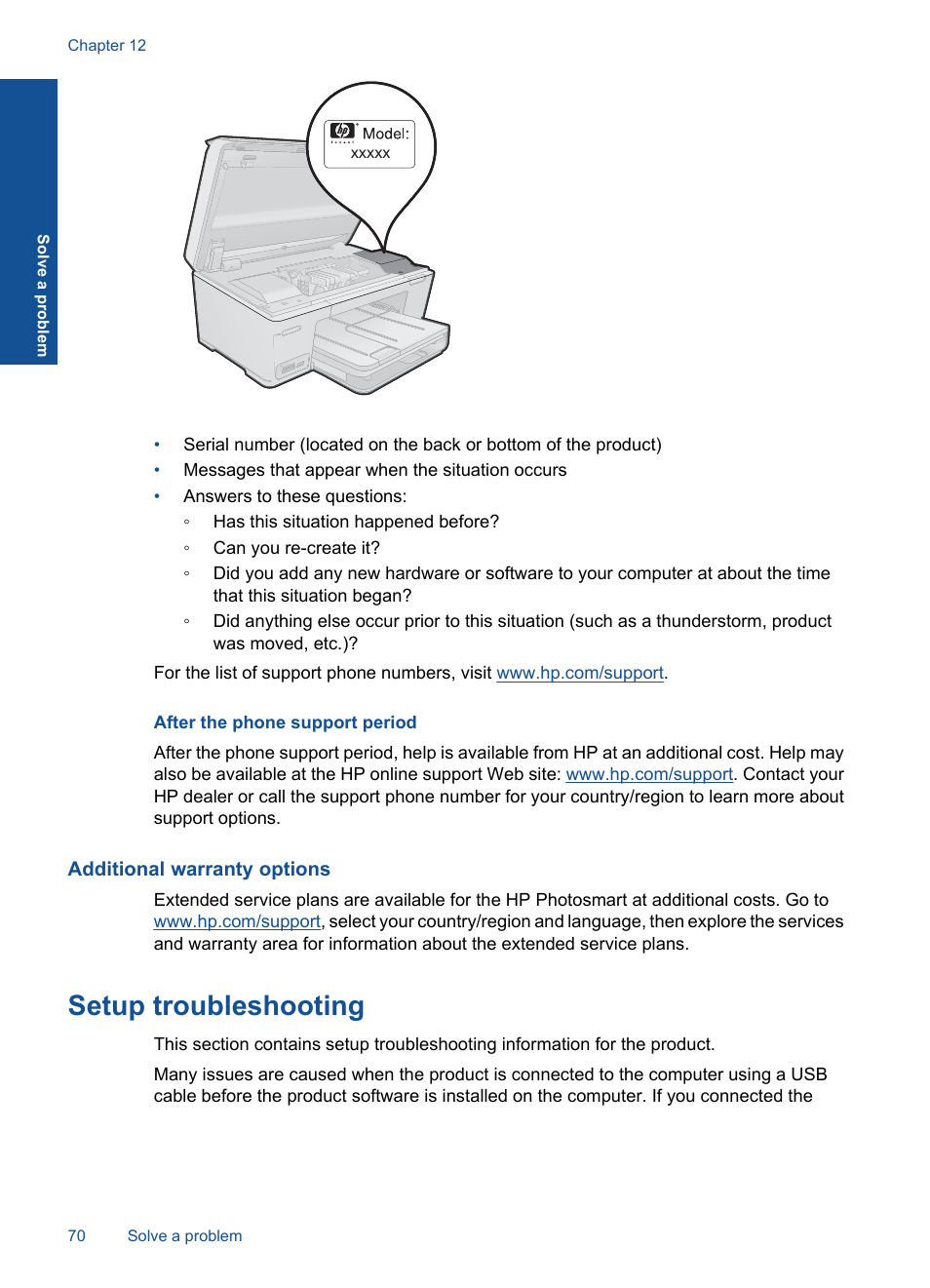 After the phone support period, Additional warranty options, Setup troubleshooting | HP PHOTOSMART PLUS B209 User Manual | Page 73 / 135