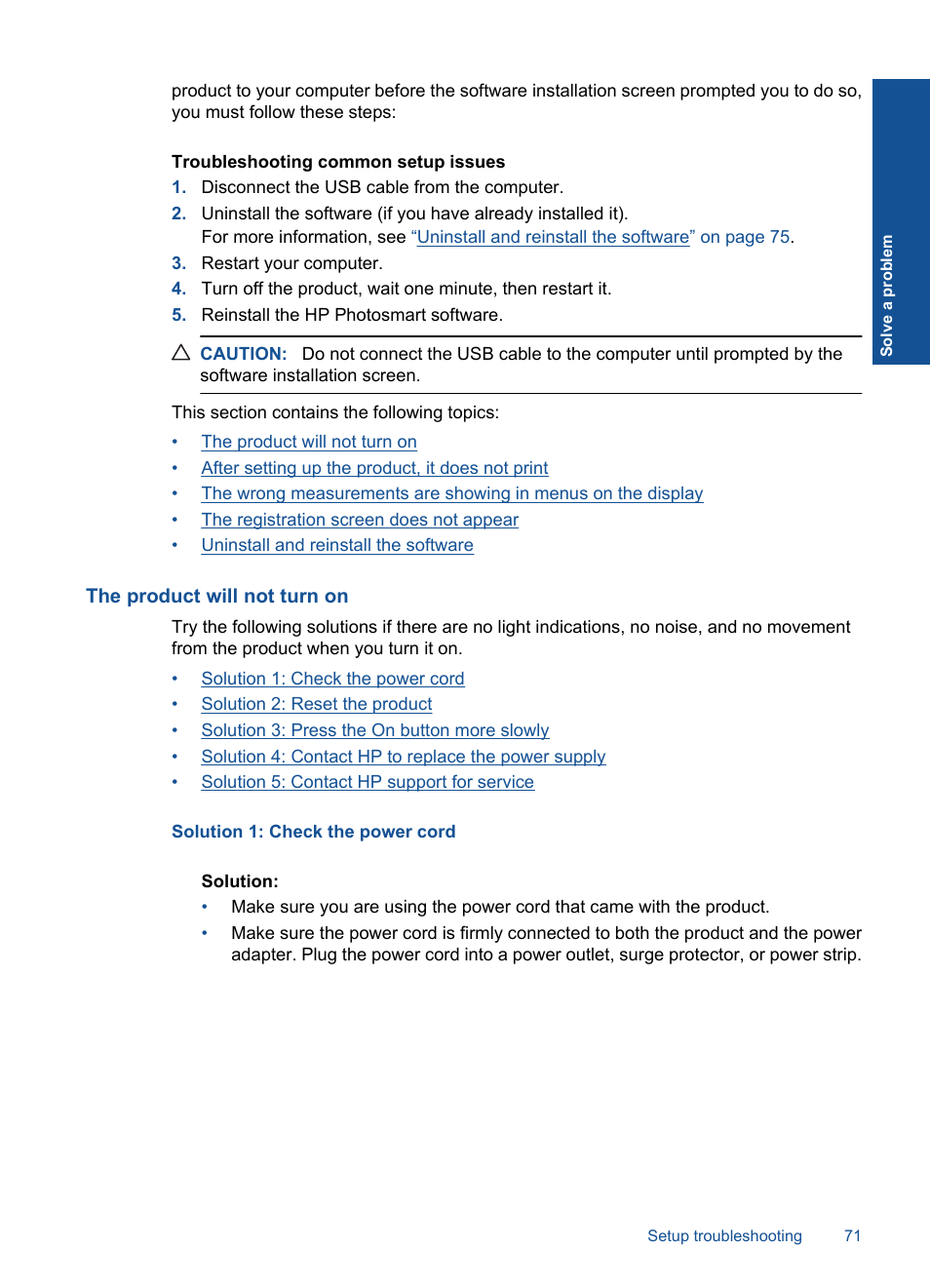 The product will not turn on | HP PHOTOSMART PLUS B209 User Manual | Page 74 / 135