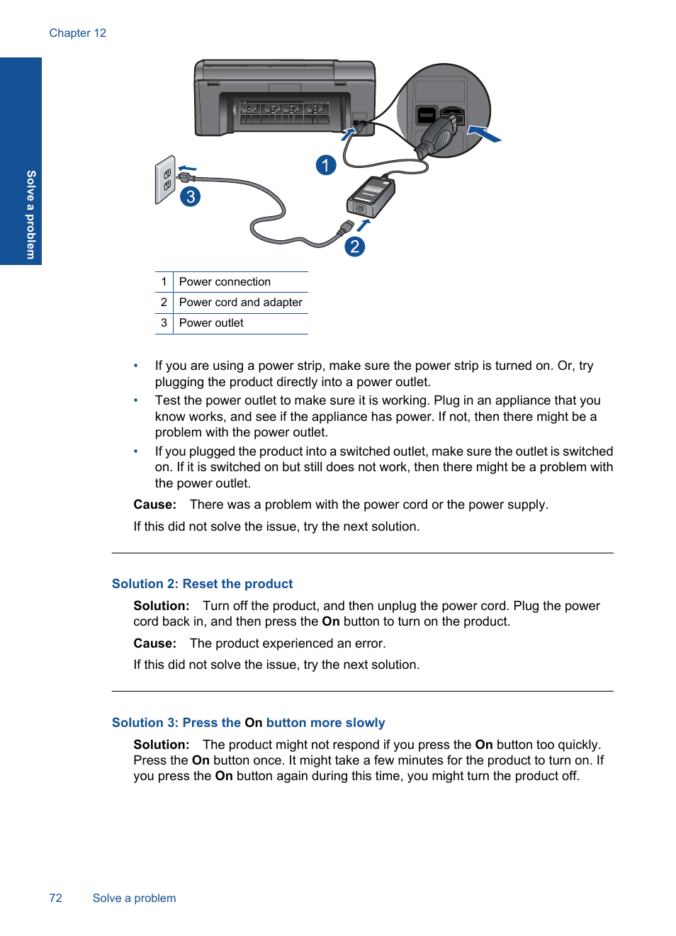 Solution 2: reset the product, Solution 3: press the on button more slowly | HP PHOTOSMART PLUS B209 User Manual | Page 75 / 135