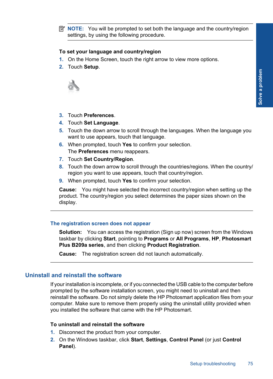Uninstall and reinstall the software, The registration screen does not appear | HP PHOTOSMART PLUS B209 User Manual | Page 78 / 135