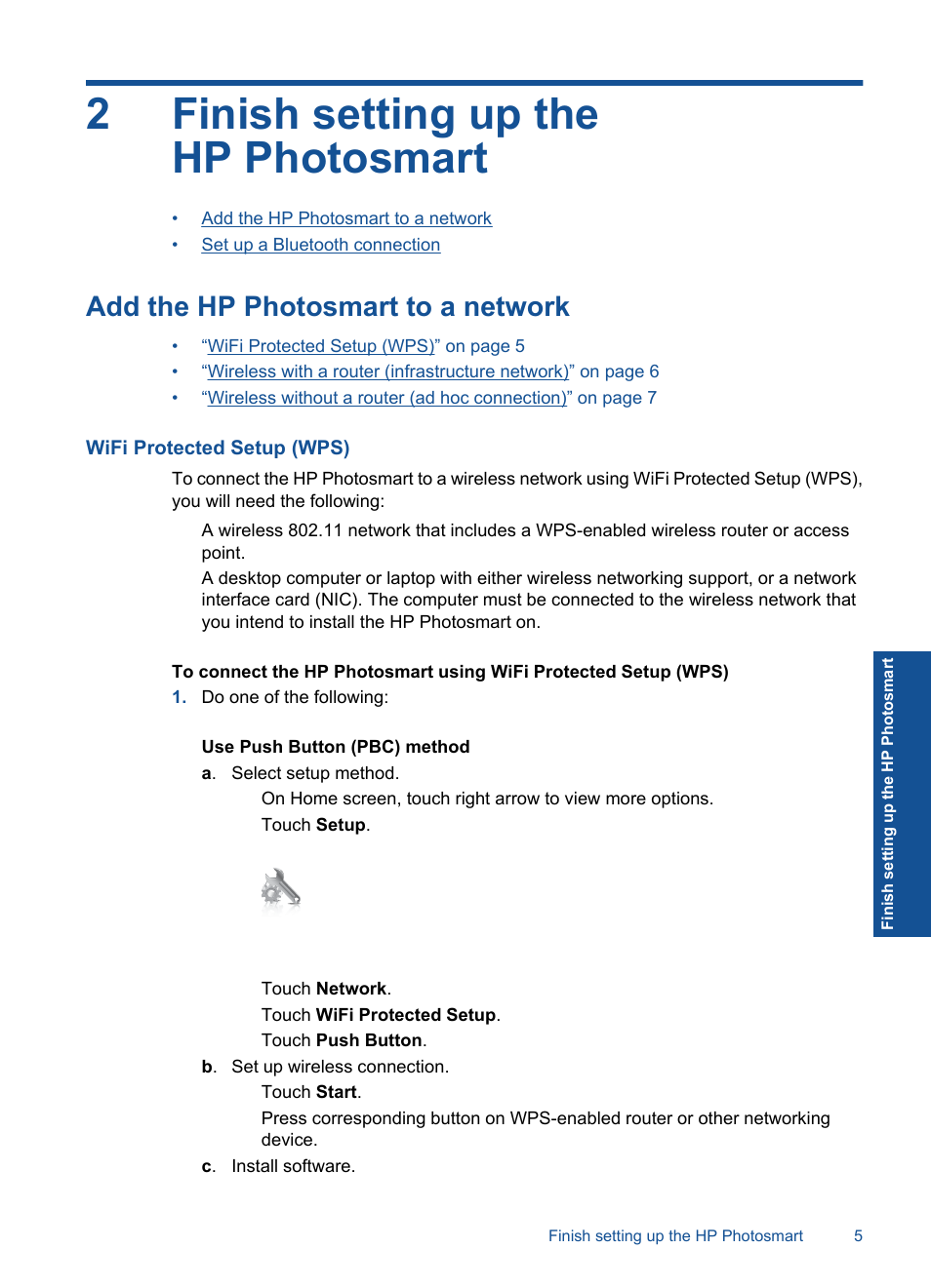 Finish setting up the hp photosmart, Add the hp photosmart to a network, 2 finish setting up the hp photosmart | 2finish setting up the hp photosmart | HP PHOTOSMART PLUS B209 User Manual | Page 8 / 135