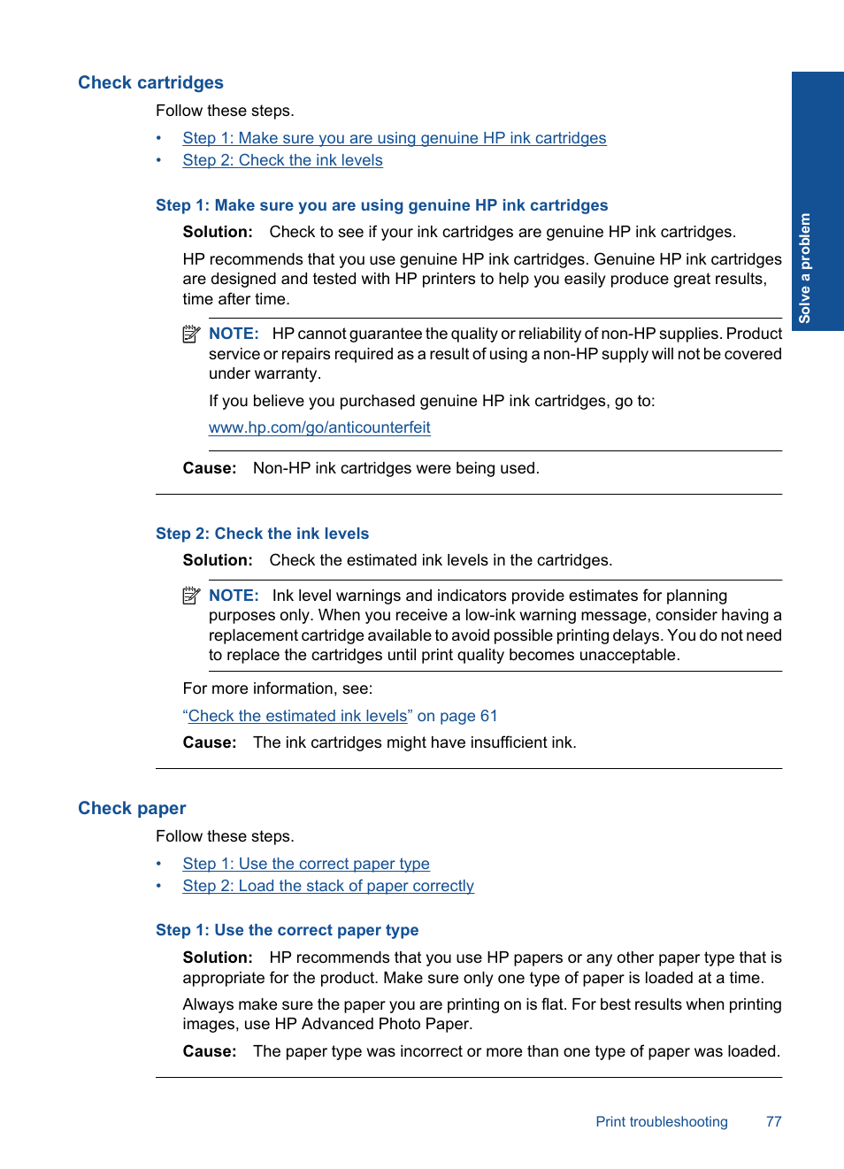 Check cartridges, Check paper | HP PHOTOSMART PLUS B209 User Manual | Page 80 / 135