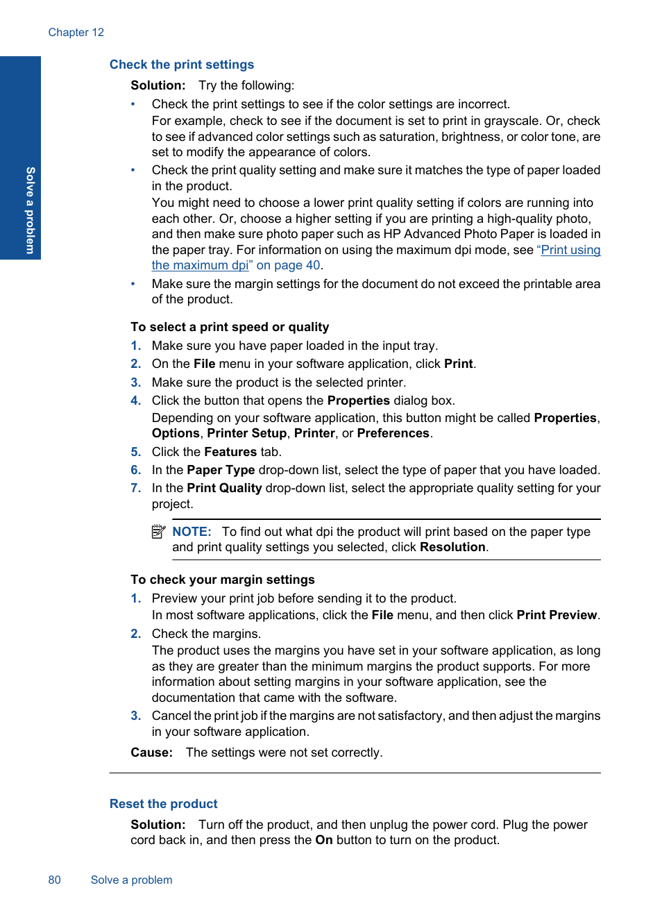 Check the print settings, Reset the product | HP PHOTOSMART PLUS B209 User Manual | Page 83 / 135