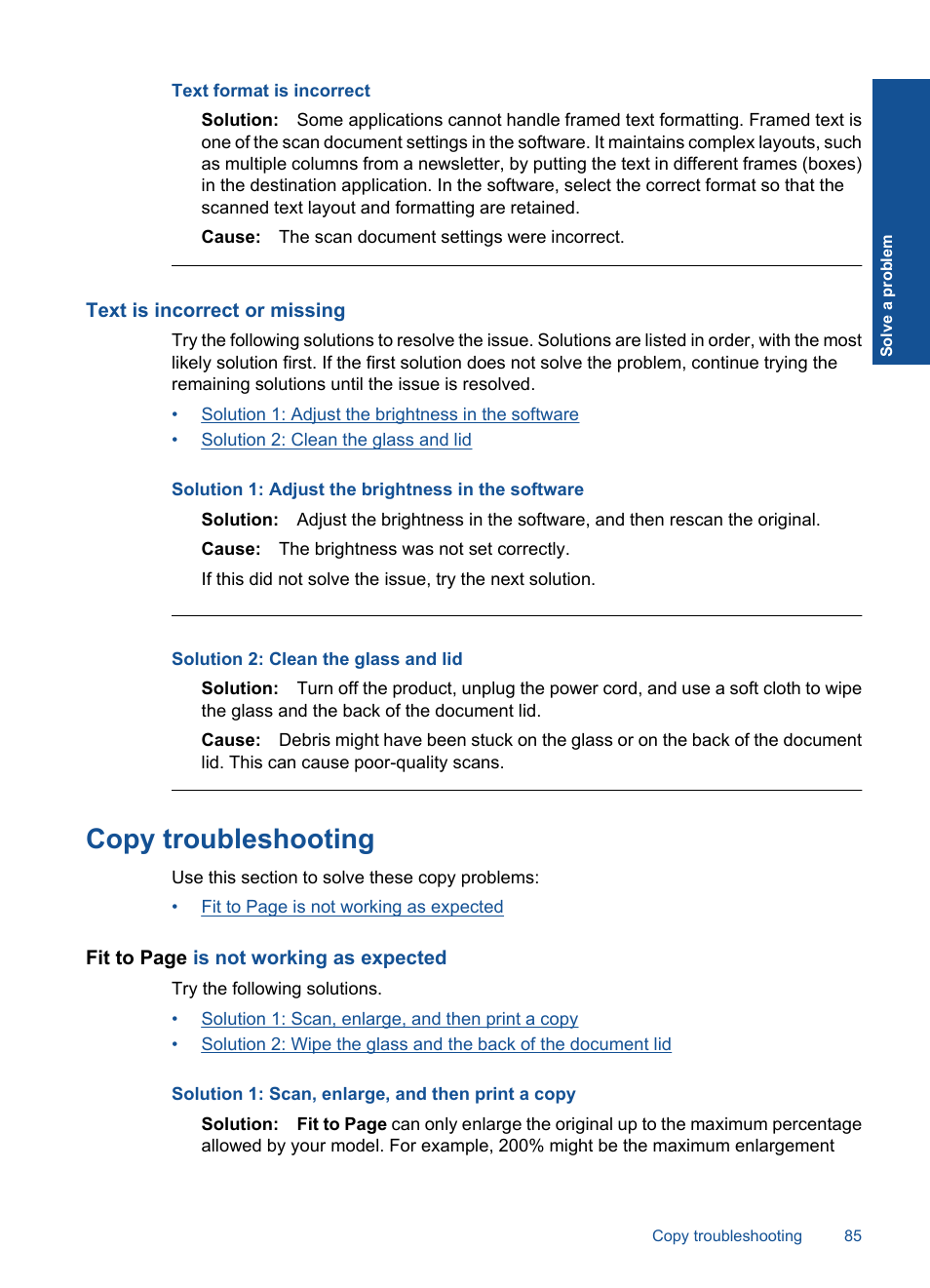 Text is incorrect or missing, Copy troubleshooting, Text format is incorrect | HP PHOTOSMART PLUS B209 User Manual | Page 88 / 135