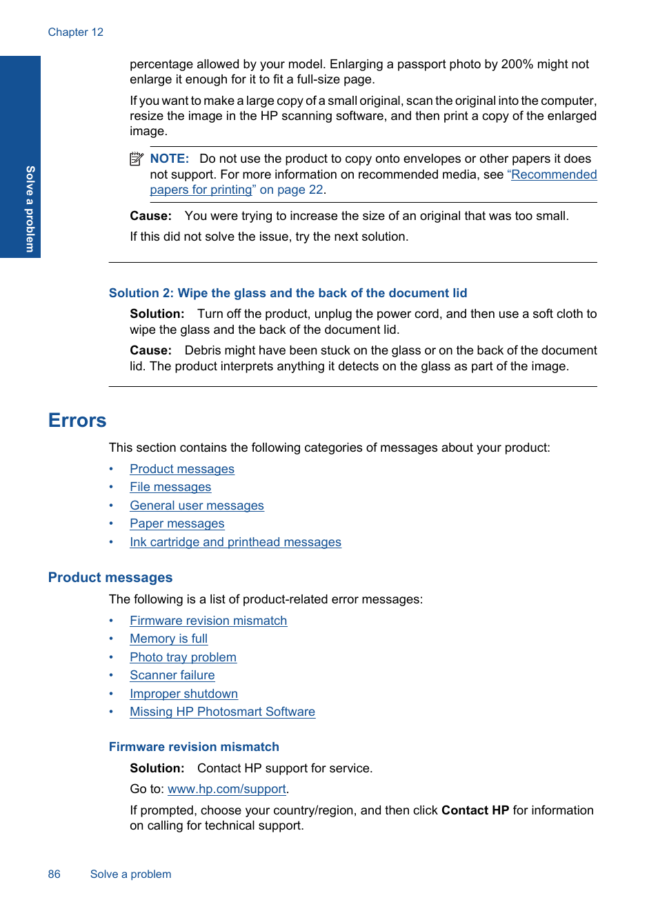 Errors, Product messages | HP PHOTOSMART PLUS B209 User Manual | Page 89 / 135