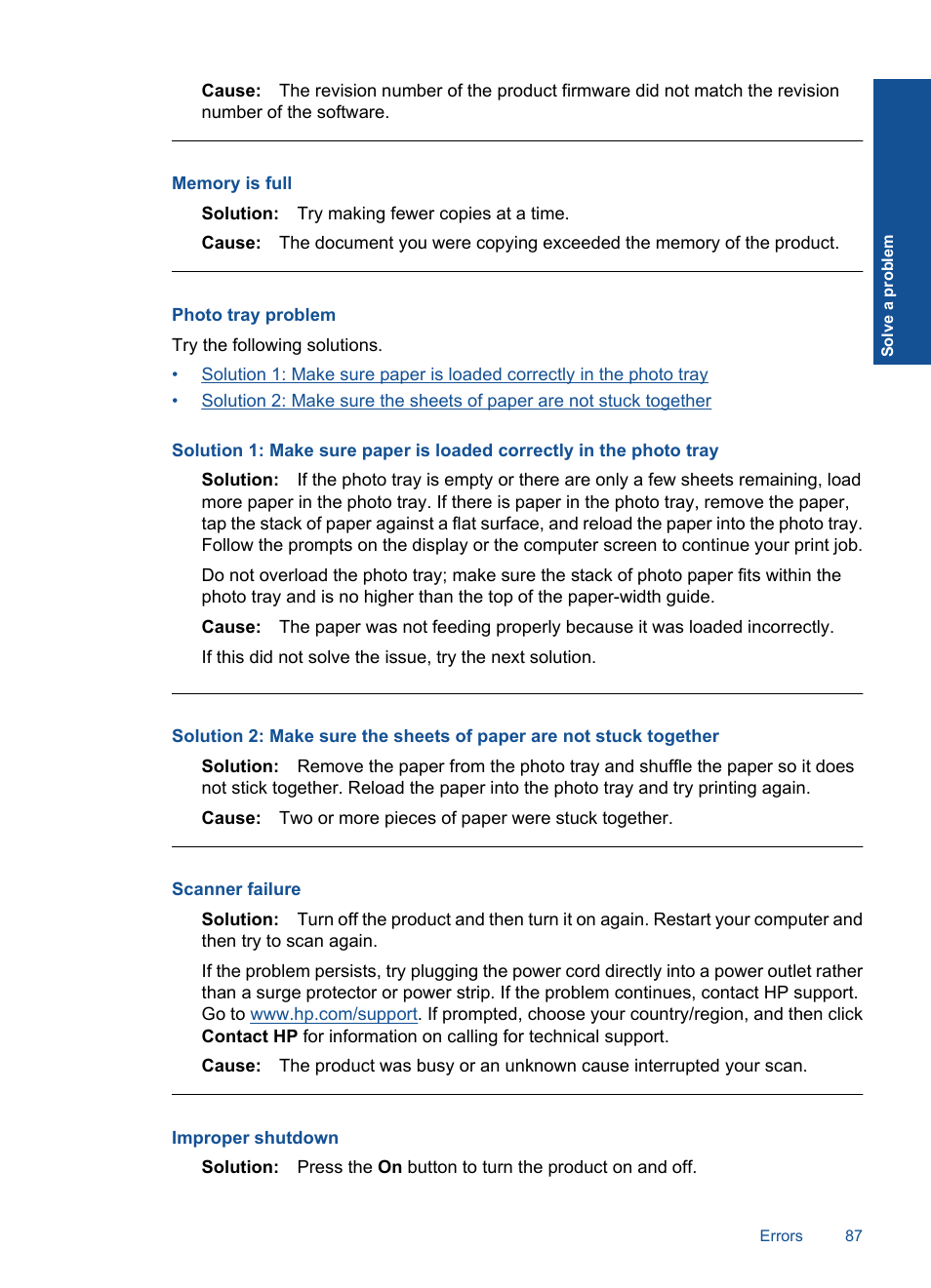 Photo tray problem, Memory is full, Scanner failure | Improper shutdown | HP PHOTOSMART PLUS B209 User Manual | Page 90 / 135