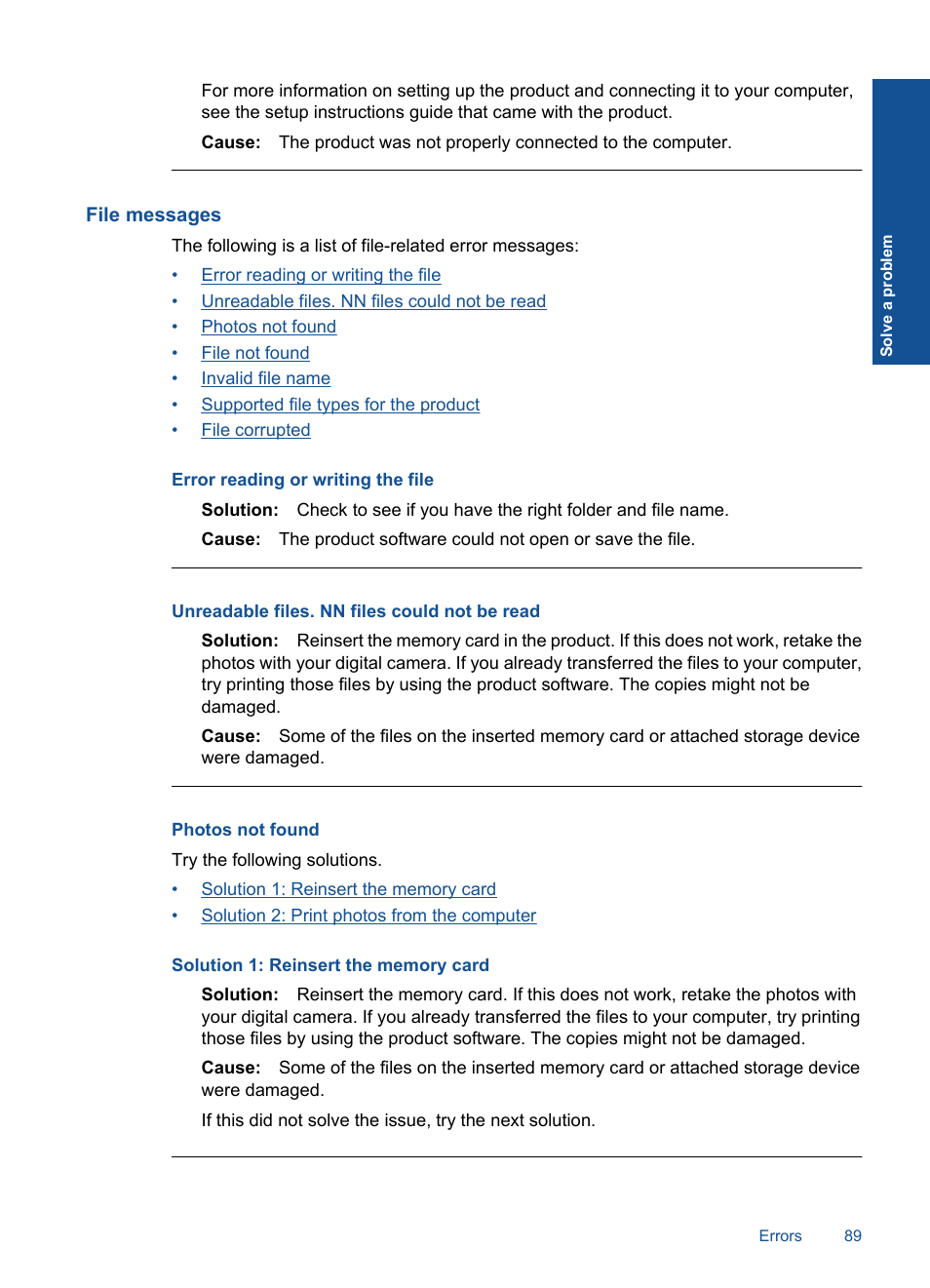 File messages, Photos not found | HP PHOTOSMART PLUS B209 User Manual | Page 92 / 135
