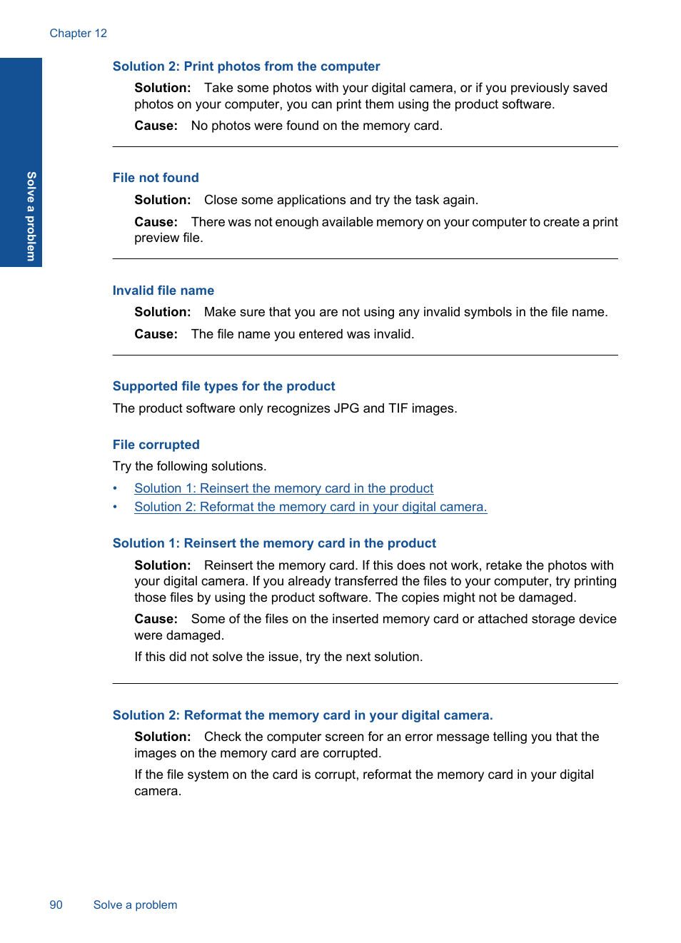 Supported file types for the product, File corrupted, File not found | Invalid file name, Solution 2: print photos from the computer | HP PHOTOSMART PLUS B209 User Manual | Page 93 / 135