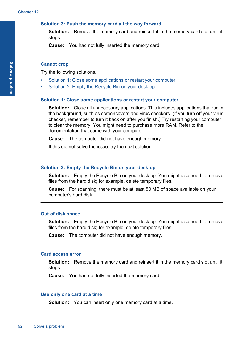 Cannot crop, Out of disk space, Card access error | Use only one card at a time | HP PHOTOSMART PLUS B209 User Manual | Page 95 / 135