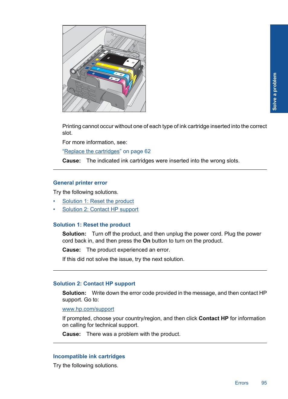 General printer error, Incompatible ink cartridges | HP PHOTOSMART PLUS B209 User Manual | Page 98 / 135