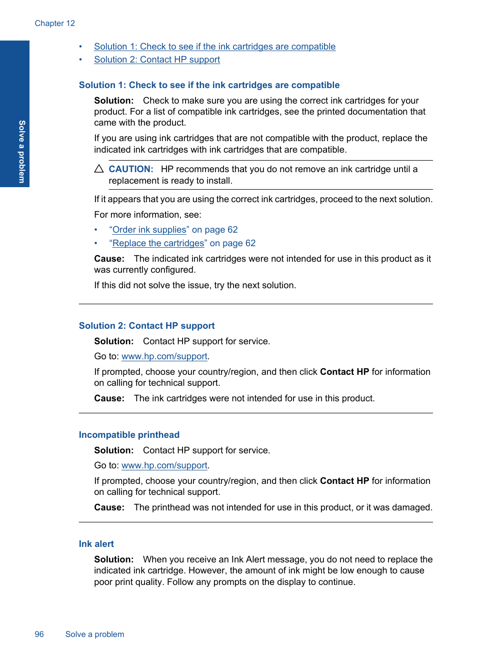 Incompatible printhead, Ink alert | HP PHOTOSMART PLUS B209 User Manual | Page 99 / 135