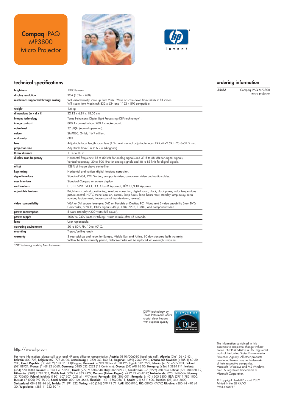 Compaq ipaq mp3800 micro projector, Technical specifications, Ordering information | HP MP3800 User Manual | Page 2 / 2