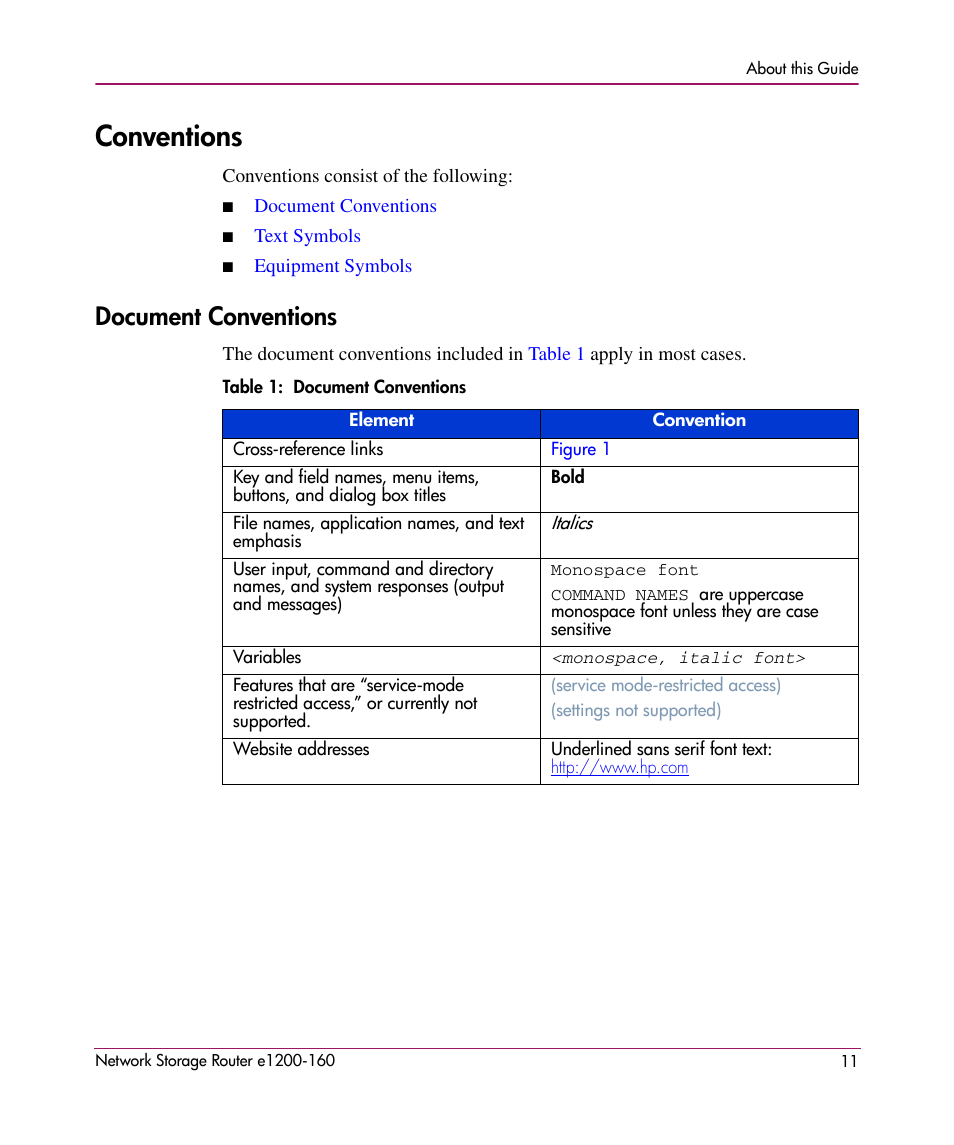 Conventions, Document conventions | HP e1200-160 User Manual | Page 11 / 200