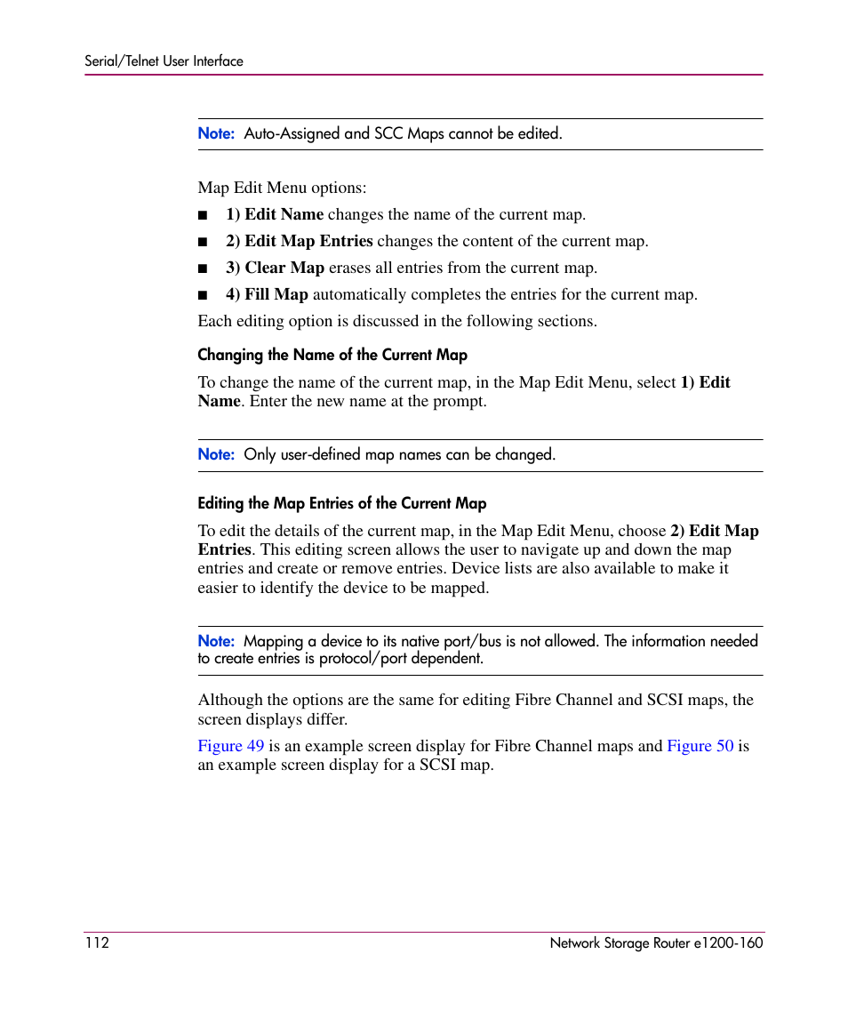 Changing the name of the current map, Editing the map entries of the current map | HP e1200-160 User Manual | Page 112 / 200