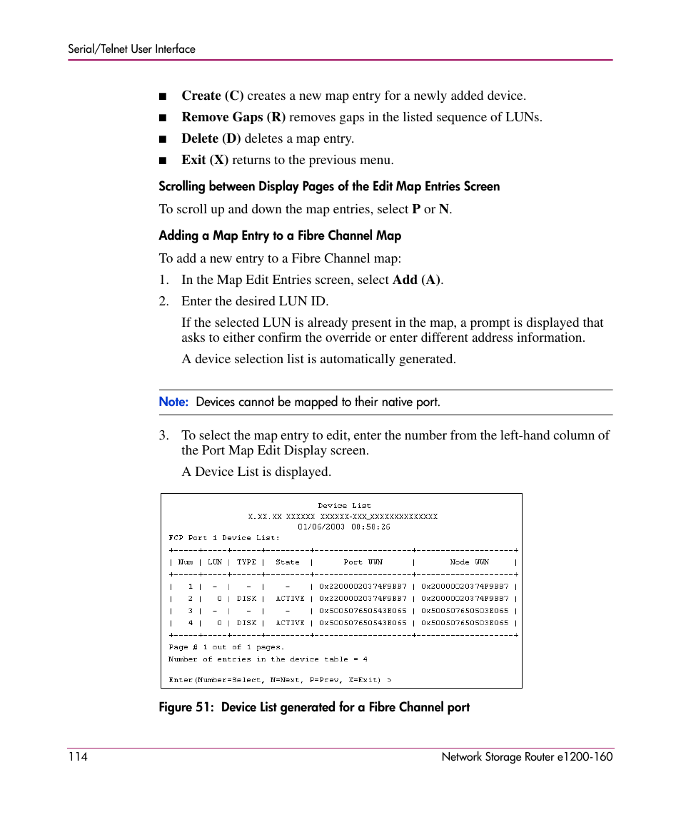 Adding a map entry to a fibre channel map | HP e1200-160 User Manual | Page 114 / 200