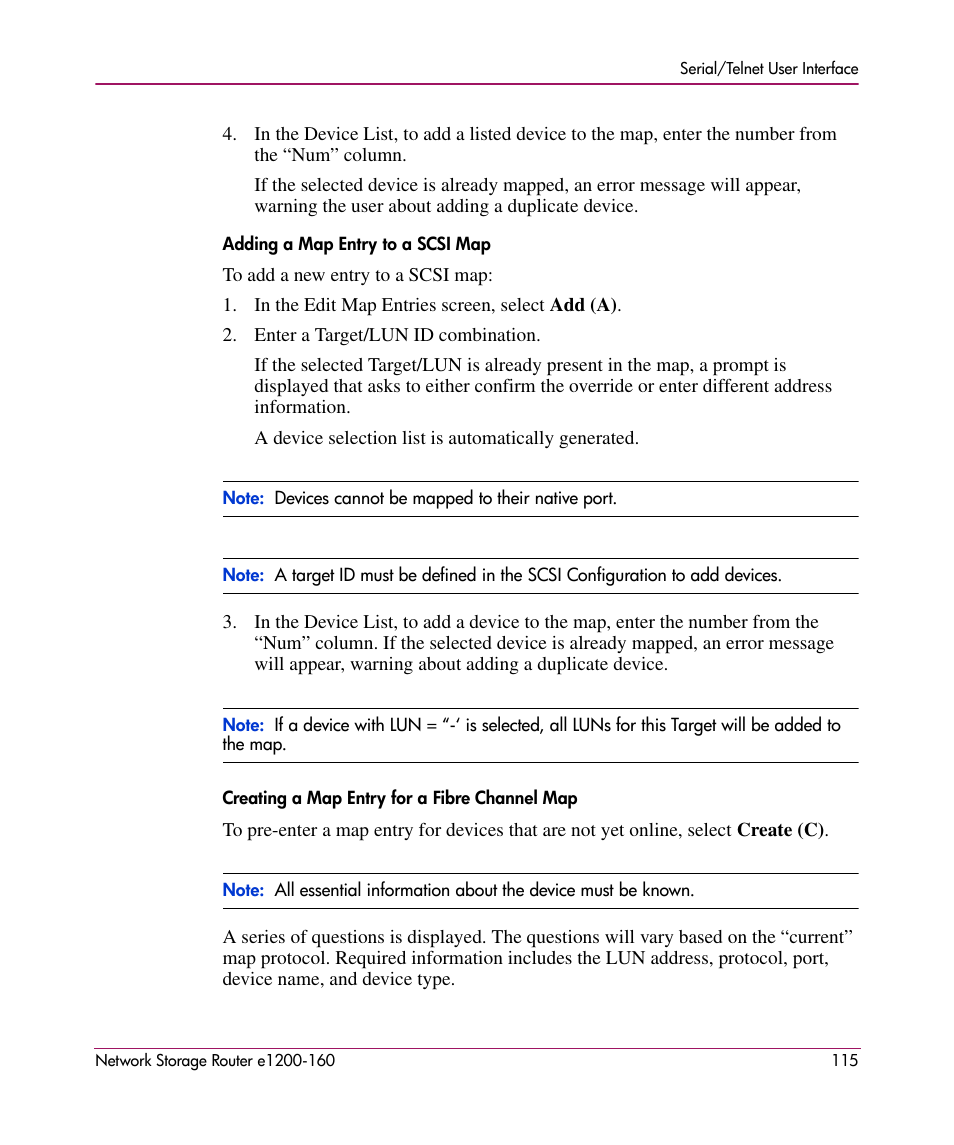 Adding a map entry to a scsi map, Creating a map entry for a fibre channel map | HP e1200-160 User Manual | Page 115 / 200