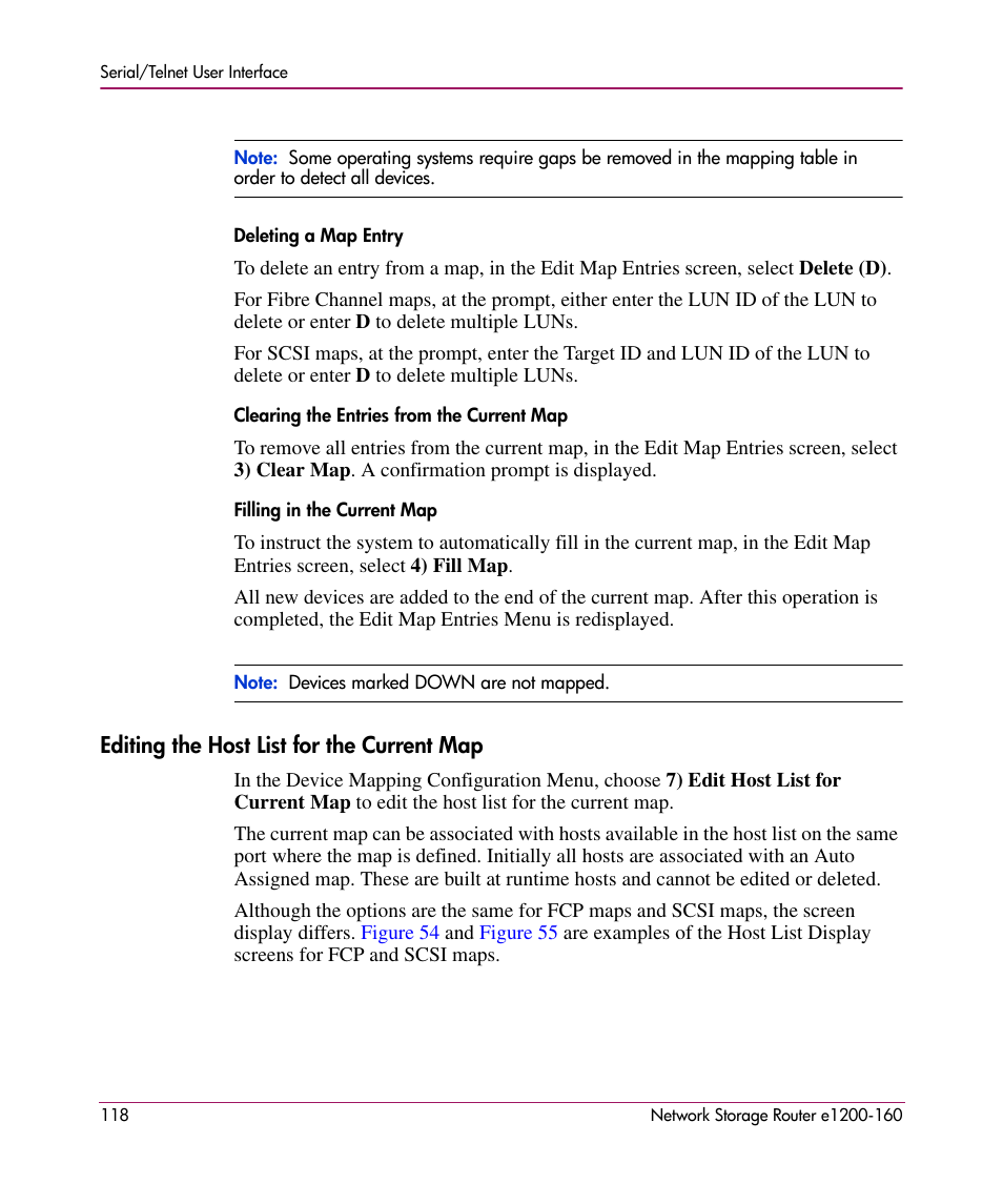 Deleting a map entry, Clearing the entries from the current map, Filling in the current map | Editing the host list for the current map | HP e1200-160 User Manual | Page 118 / 200