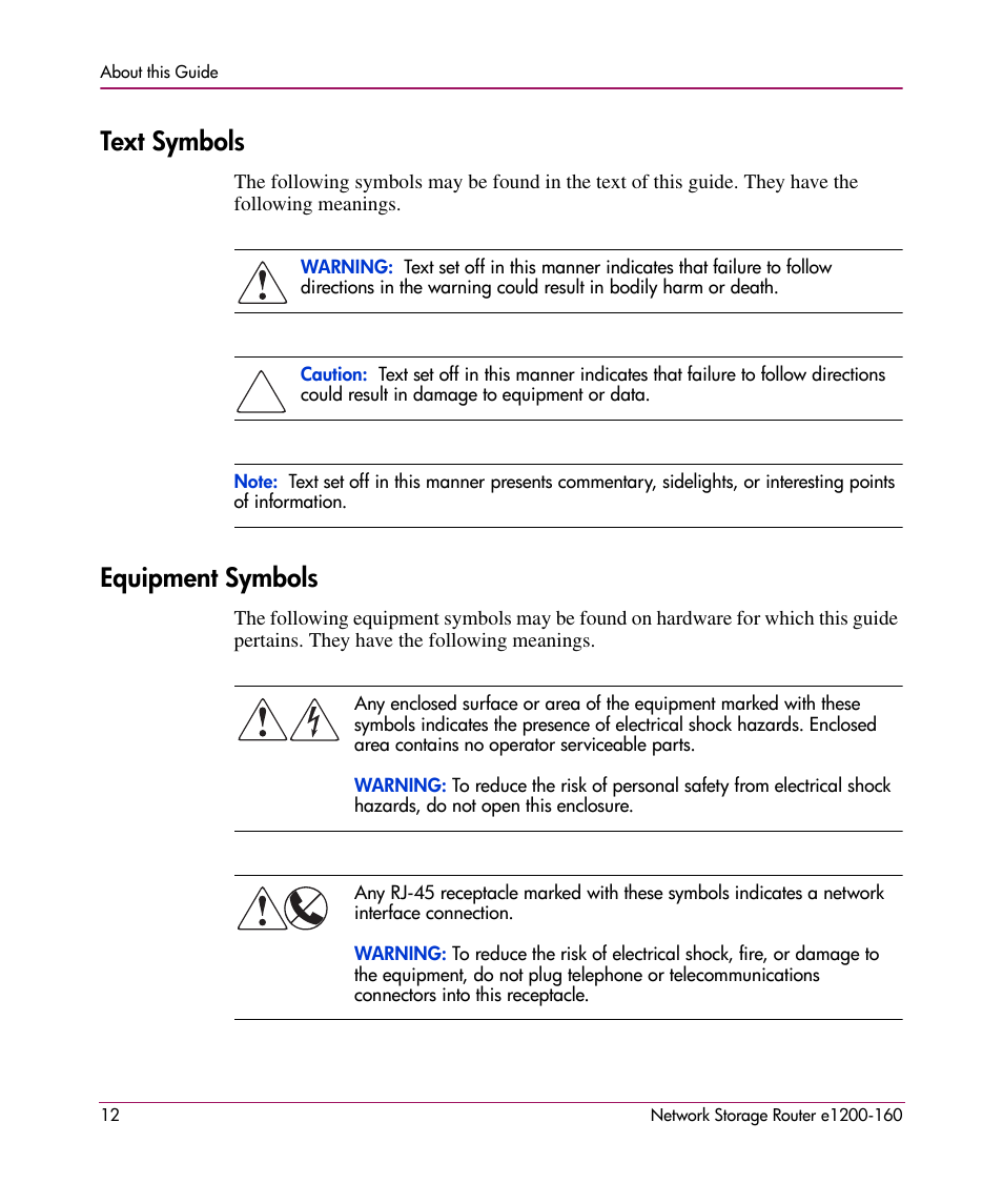 Text symbols, Equipment symbols, Text symbols equipment symbols | HP e1200-160 User Manual | Page 12 / 200