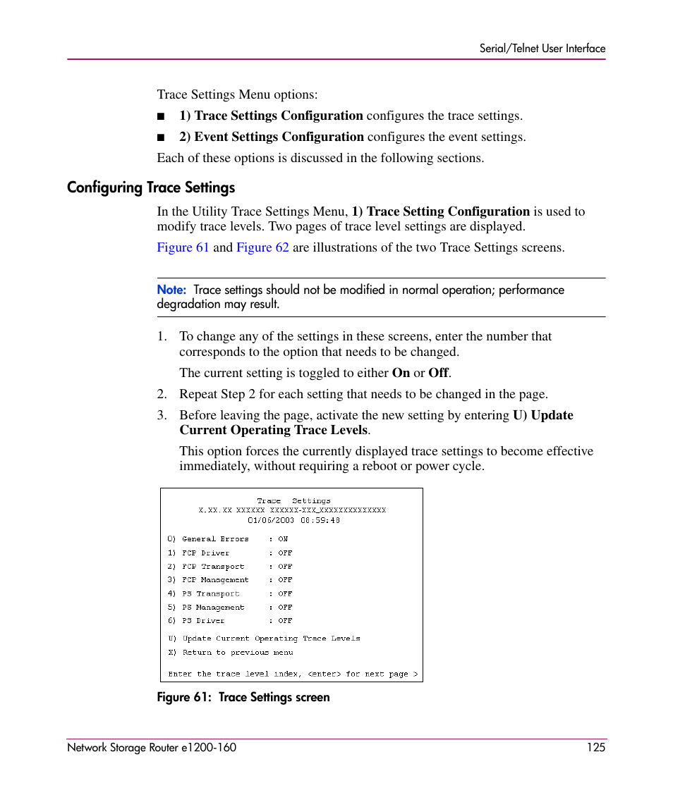 Configuring trace settings | HP e1200-160 User Manual | Page 125 / 200