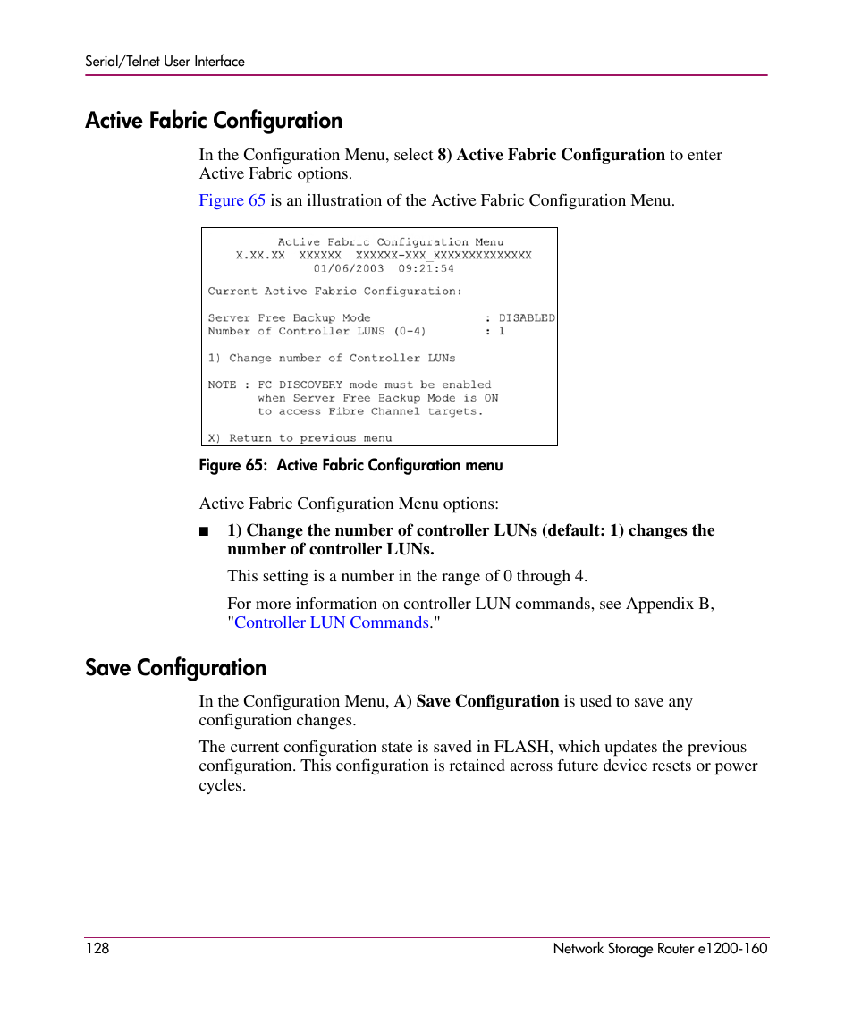Active fabric configuration, Save configuration, Active fabric configuration save configuration | HP e1200-160 User Manual | Page 128 / 200