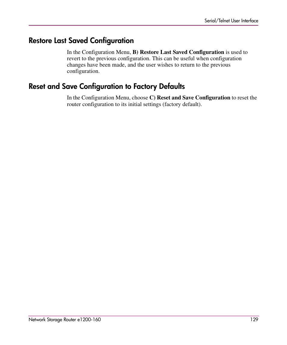 Restore last saved configuration, Reset and save configuration to factory defaults | HP e1200-160 User Manual | Page 129 / 200
