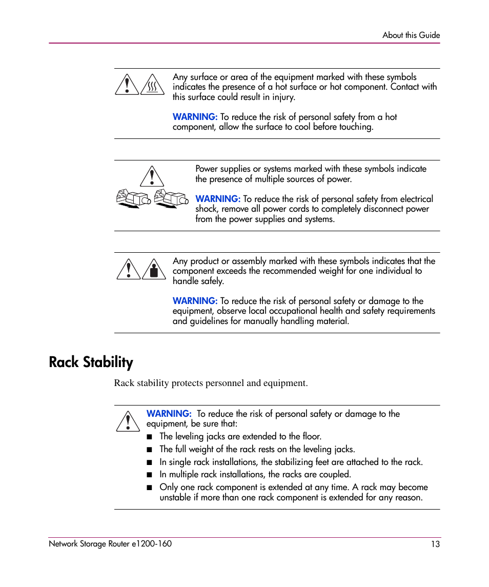 Rack stability | HP e1200-160 User Manual | Page 13 / 200