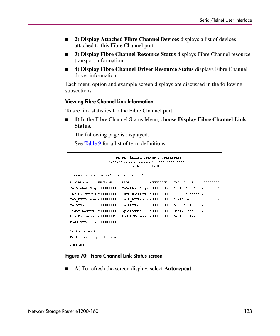 Viewing fibre channel link information | HP e1200-160 User Manual | Page 133 / 200