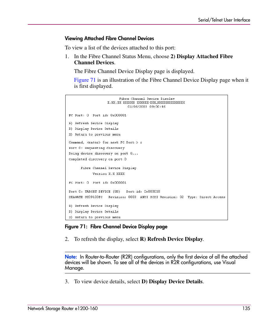 Viewing attached fibre channel devices | HP e1200-160 User Manual | Page 135 / 200