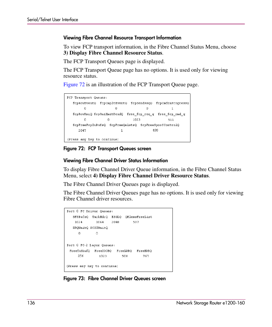 Viewing fibre channel driver status information | HP e1200-160 User Manual | Page 136 / 200