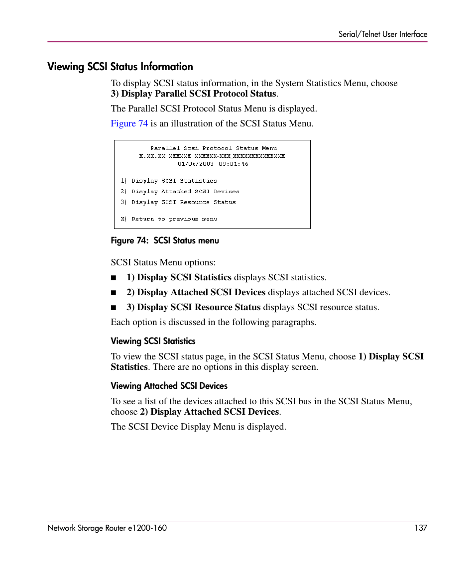 Viewing scsi status information, Viewing scsi statistics, Viewing attached scsi devices | HP e1200-160 User Manual | Page 137 / 200