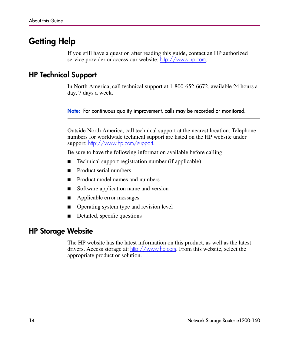 Getting help, Hp technical support, Hp storage website | Hp technical support hp storage website | HP e1200-160 User Manual | Page 14 / 200