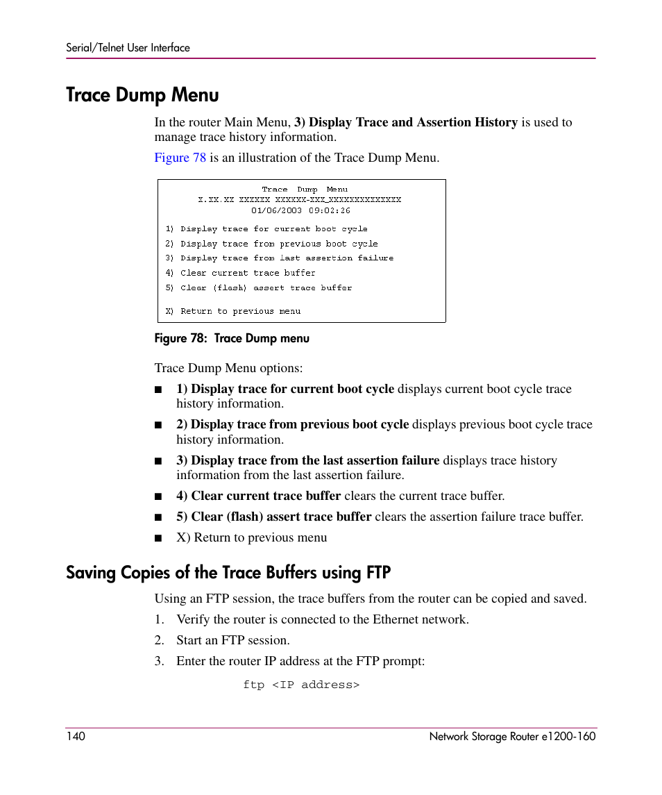 Trace dump menu, Saving copies of the trace buffers using ftp | HP e1200-160 User Manual | Page 140 / 200