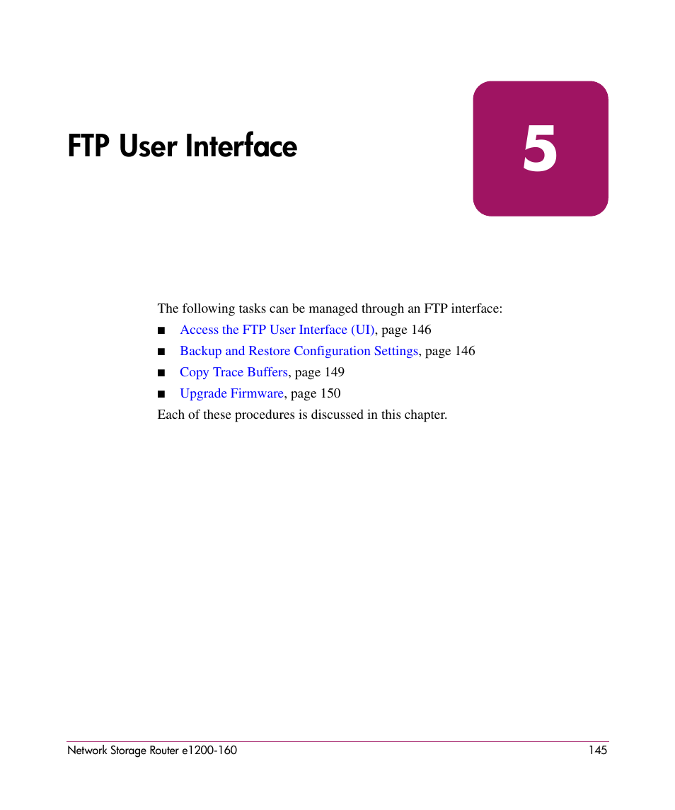 Ftp user interface, 5 ftp user interface, Information, see chapter 5 | HP e1200-160 User Manual | Page 145 / 200