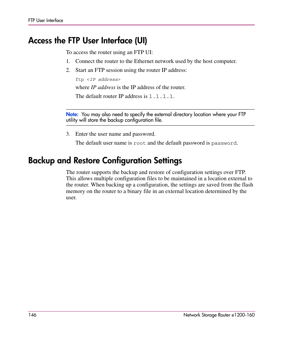 Access the ftp user interface (ui), Backup and restore configuration settings | HP e1200-160 User Manual | Page 146 / 200