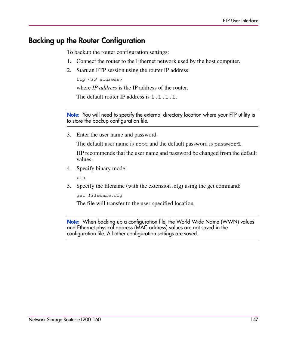 Backing up the router configuration | HP e1200-160 User Manual | Page 147 / 200
