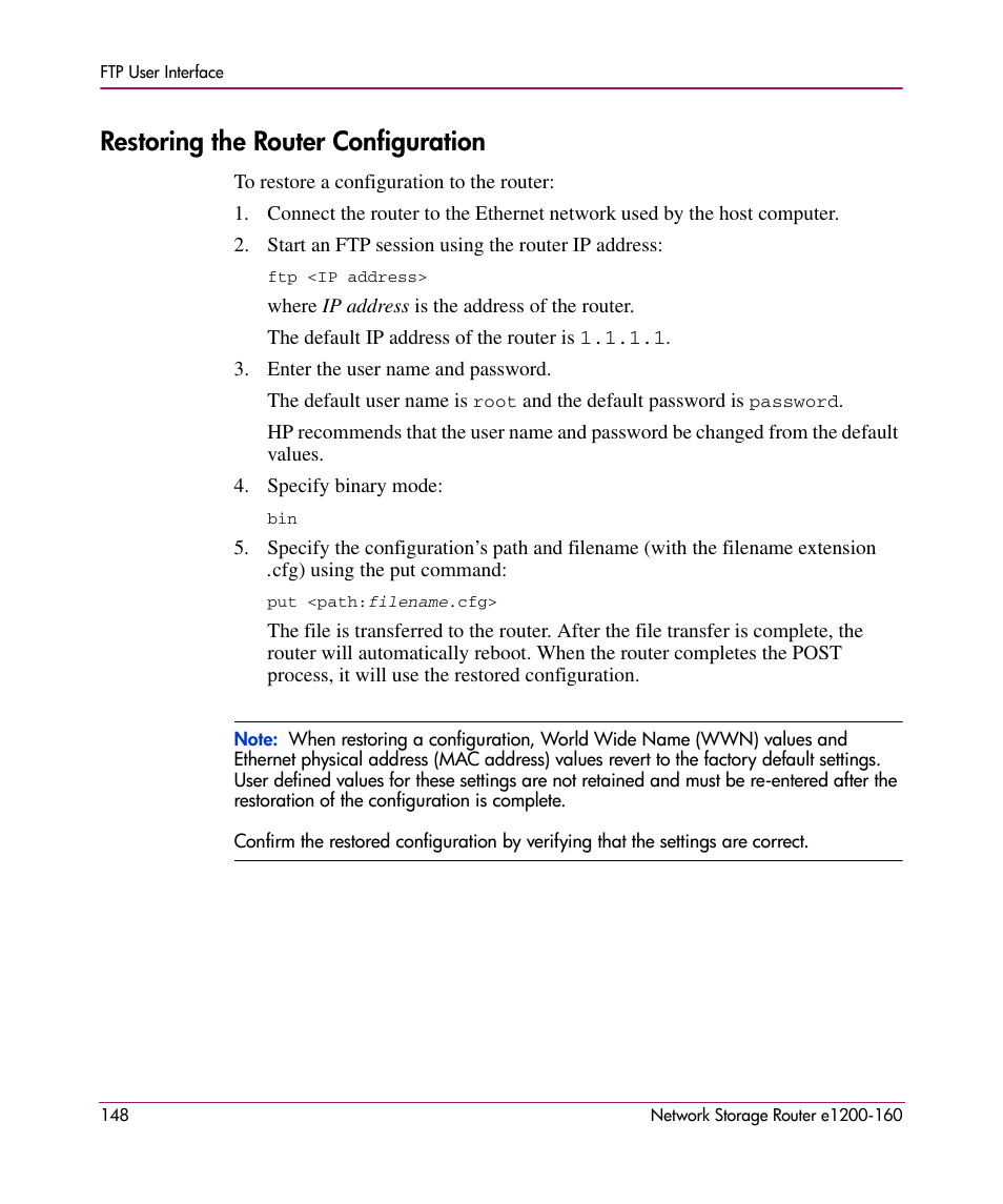 Restoring the router configuration | HP e1200-160 User Manual | Page 148 / 200