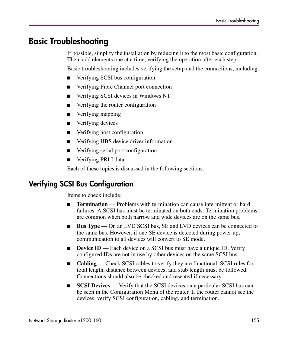 Basic troubleshooting, Verifying scsi bus configuration | HP e1200-160 User Manual | Page 155 / 200