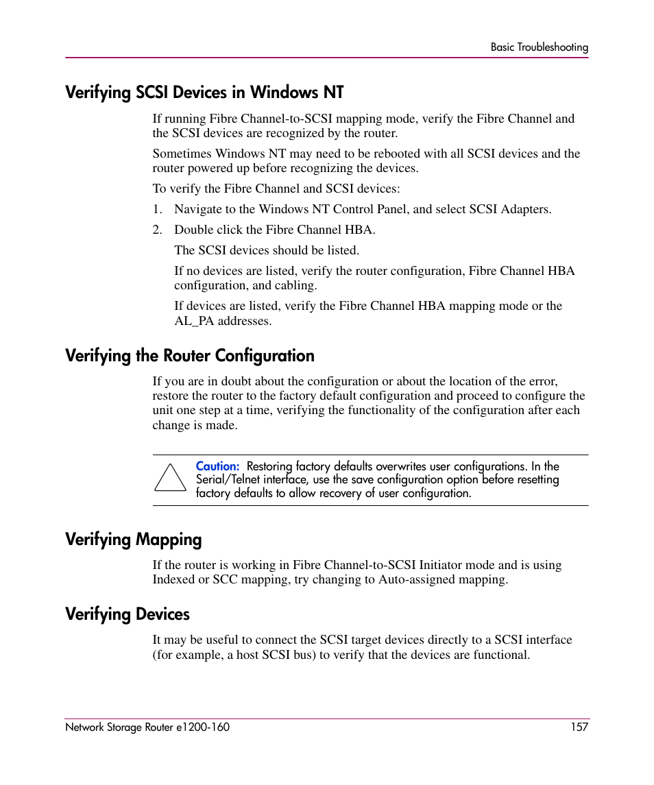 Verifying scsi devices in windows nt, Verifying the router configuration, Verifying mapping | Verifying devices | HP e1200-160 User Manual | Page 157 / 200